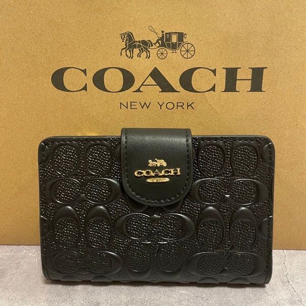 新品 COACH 長財布 コーチ 二つ折り財布 レディース メンズ ブラック シグネチャー