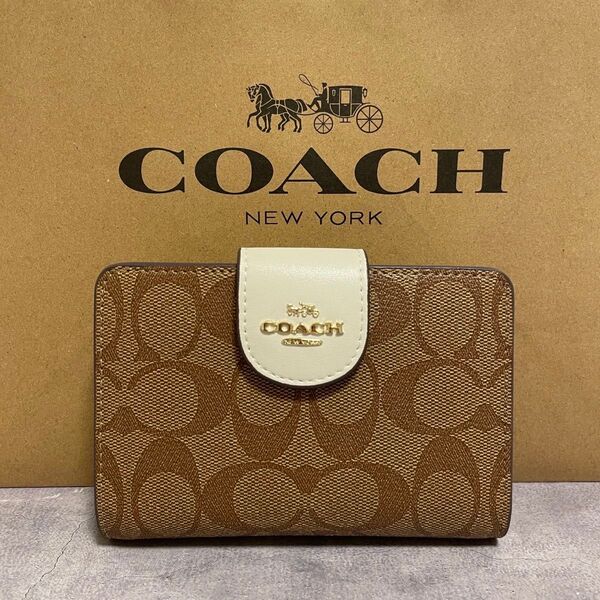 新品 COACH 長財布 コーチ 二つ折り財布 レディース メンズ ベージュ ホワイト