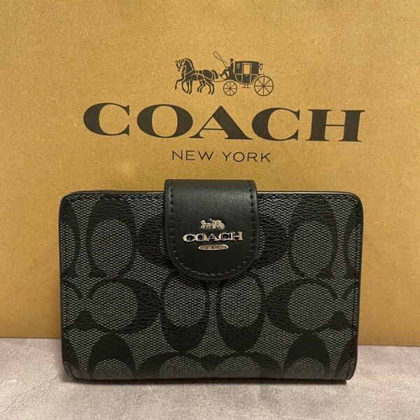 新品 COACH 長財布 コーチ 二つ折り財布 レディース メンズ ブラック シグネチャー シルバー