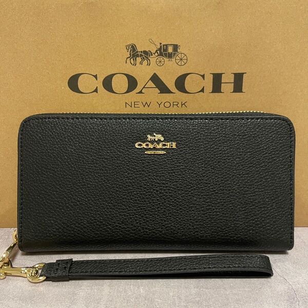 新品 COACH長財布 コーチ 長財布 レディース メンズ シンプル ブラック ゴールド 黒