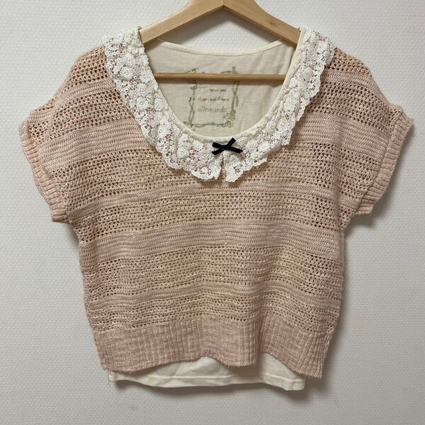 【allamanda*2枚セット】半袖サマーニット ピンク レース タンクトップ カットソー トップス セーター フリル