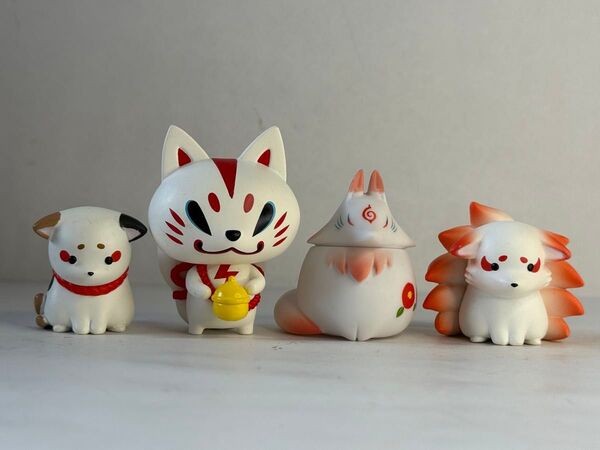 ねこまたさん、きゅうびのきつねさんまちぼうけ ゆめかわいい幻獣さん 鈴 おいなりさん 椿 電脳大工 ソフビ丸狐 4個セット
