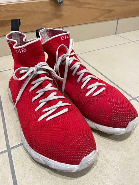 【美品】Dior HOMME ディオールオム テクニカルニット スニーカー レッド 41 ハイカット
