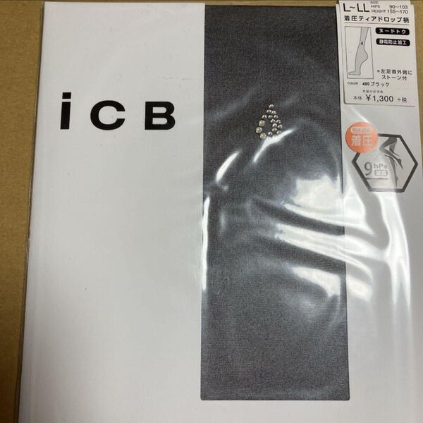 8)LーLL着圧ティアドロップ柄 ICBストッキング iCB 着圧タイツ ストーン付き L〜LL ブラック
