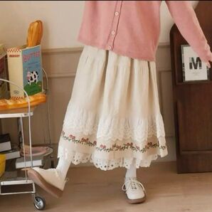 morimucha コーデュロイ刺繍二層レーススカート ベージュ モリムチャ レスティア