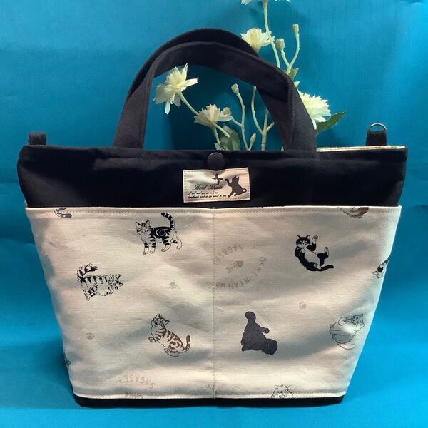 トートバッグ ランチバッグ ハンドメイド 外ポケット有り 猫柄