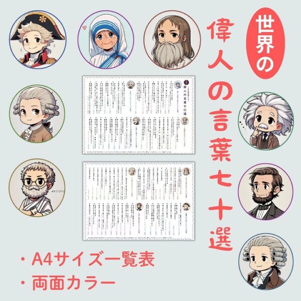 世界の偉人の言葉70選 A4サイズ一覧表