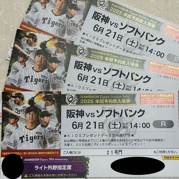 阪神タイガース チケット 6/21 デイゲーム セ・パ交流戦 ソフトバンク戦 ライト外野指定席 3連番 3枚 土 甲子園球場