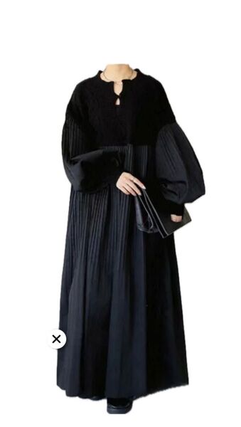 ドッキングワンピース ニット プリーツ ブラック ロングワンピース