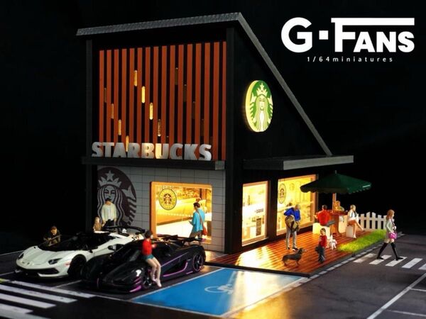 G-FANS スターバックス 1/64 ジオラマ 点灯 組立式 駐車場付き ミニカーガレージ