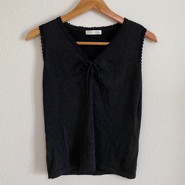 ELLE TENDER 黒 ラメ Vネック タンクトップ L ノースリーブカットソー