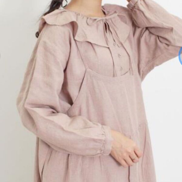 サマンサモスモス スローリネン Slow linen 柄アソートフリルブラウス ピンク