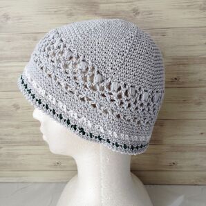 手編み ニット帽 グレー 春夏 コットン ハンドメイド