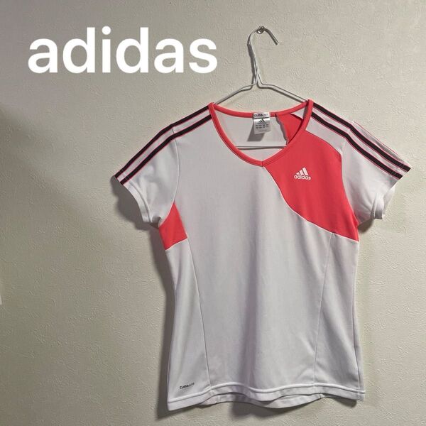 アディダス adidas Tシャツ カットソー 半袖 Vネック ライン ロゴ L ホワイト×ピンク×ブラック スポーツウェア