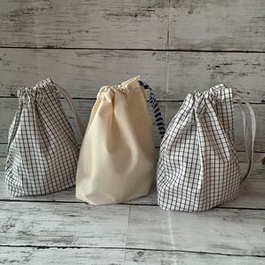 ハンドメイド 巾着 給食袋 コップ袋 巾着袋 小物入れ きんちゃく袋 ミニミニ巾着セット生成り 白 ブルー 無地 チェック 3点