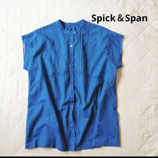 極美品 Spick&Span スピックアンドスパン フレンチスリーブブラウス 2024SS 青 レース ピンタック バンドカラー