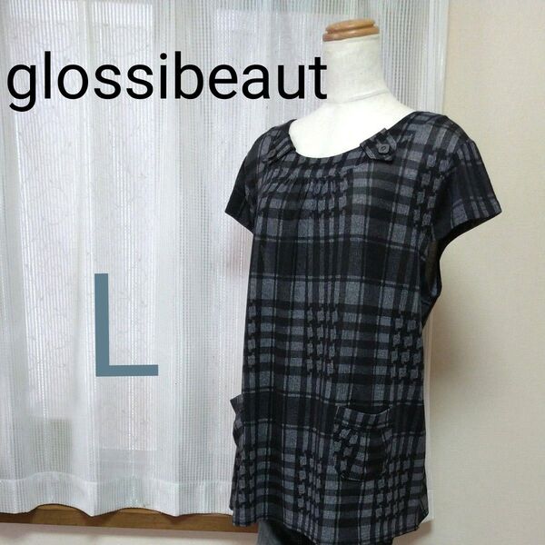 glossibeaut 半袖 チェック柄 デザイン チュニック ブラウス 黒 × グレー Lサイズ Aライン ゆったり トップス