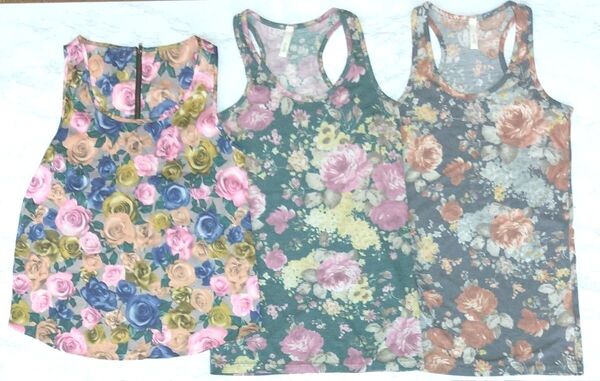 花柄 タンクトップ 3枚セット EMODA Spela M F 薔薇 ローズ フラワー ノースリーブ インナー トップス まとめて