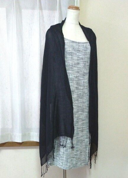 GLOBAL WORK 大判 ロング ストール ブラック 65 × 180 レディース 薄手 日焼け 冷房対策 フリンジ ショール