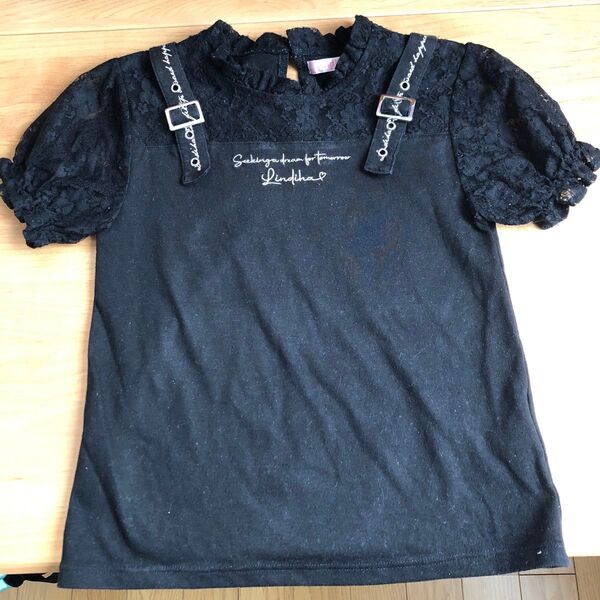 Lindihaリンディア 重ね着風半袖 Tシャツ トップス 黒 レース 150cm 半袖 ブラック