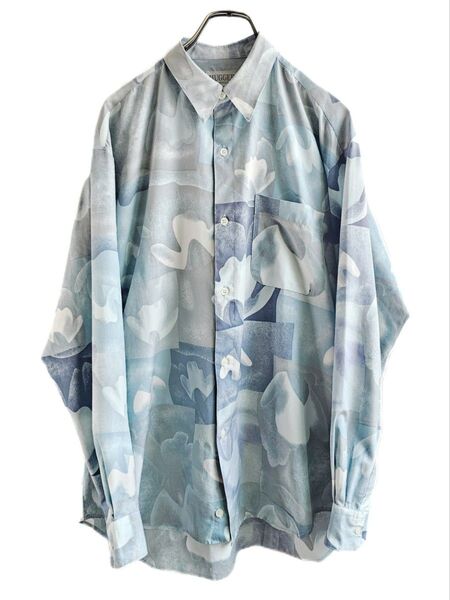 昭和レトロ 80's 総柄シャツ 抽象柄 ヴィンテージ クラシック 古着 1980s ライトブルー L