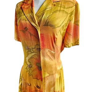 90's ヴィンテージ 花柄 半袖ロングシャツワンピース アメリカ 古着 オレンジ 希少 レア USA製 レトロ