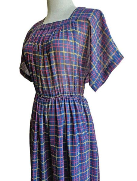 80's ヴィンテージ レトロ プリーツ チェック柄 半袖ロングワンピース TORII GINZA ユキトリイ ネイビー シフォン