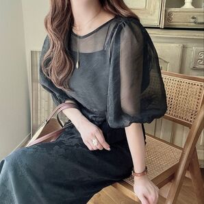 【新品タグ付き】 Meiru シアーレイヤードトップス キャミソールセット Sサイズ、透け感トップス、パフスリーブ