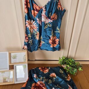 ルームウェア 上下セット 花柄 グリーン Mサイズ