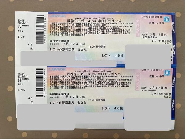 阪神タイガース観戦チケット7月17日(木)レフト外野指定席2枚