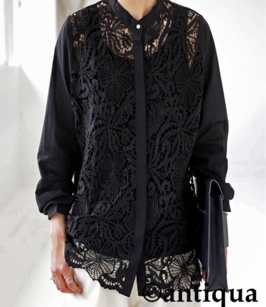 アンティカ antique patterntorso レース バンドカラーシャツ 長袖 ブラック