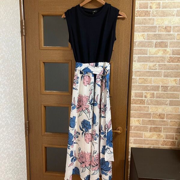 rienda リエンダ drawing flowerコンビOP 花柄 ワンピース ロング丈 切替 ドッキングワンピース