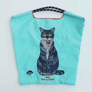 エコバッグ トートバッグ ねこ刺繍 Mサイズ 水色