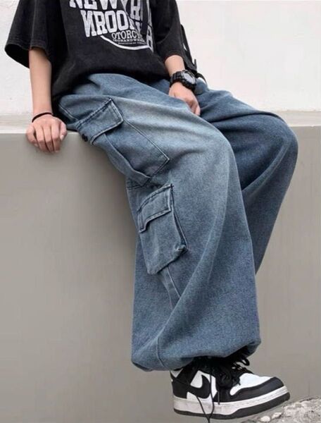 デニム カーゴパンツ ワイドパンツ ユニセックス サイドポケット ストリート