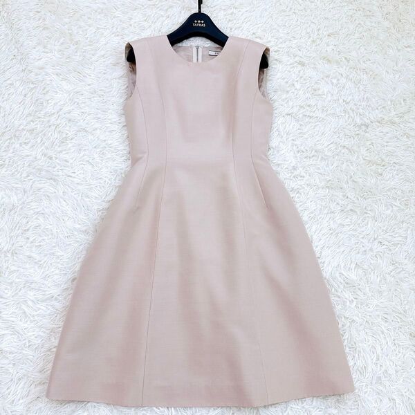 FOXEY フォクシー ノースリーブワンピース プリンセスシェイプ レース シルク ポケット 肩パッド 38 ピンクベージュ