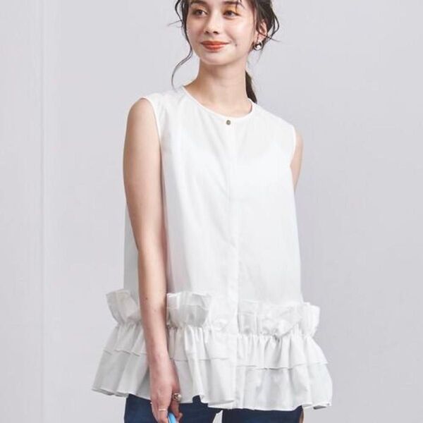 UNITED ARROWS ユナイテッドアローズ ギャザー ノースリーブ ブラウス フリル バンドカラー 比翼 洗える 36