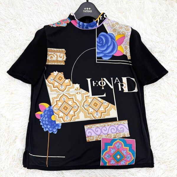 LEONARD SPORT レオナールスポーツ カットソー 花柄 幾何学 異素材 トリム バックジップ ロゴ サイドスリット M