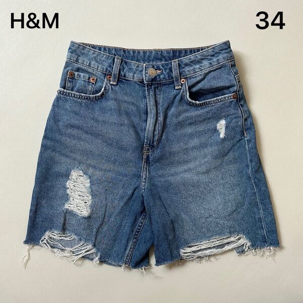 H&M デニムブルー ダメージ加工ショートパンツ EUR34 エイチアンドエム