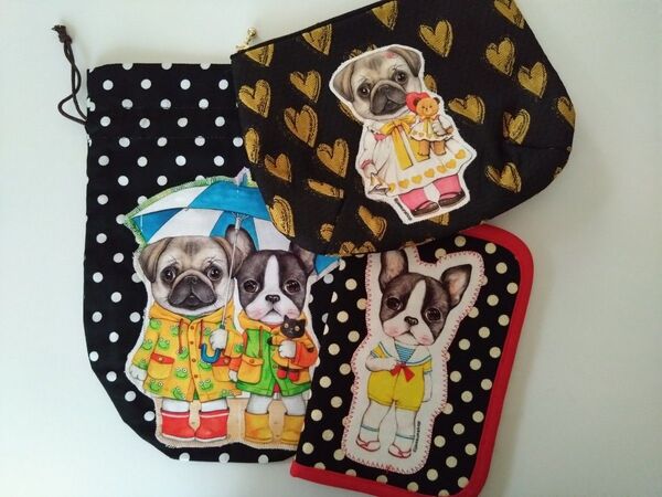 お値下げ ⑥ハンドメイド パグ ボストンテリア ポーチ 巾着 母子手帳ケース 3点セット