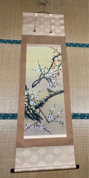 掛け軸 紅白梅に鶯 掛軸