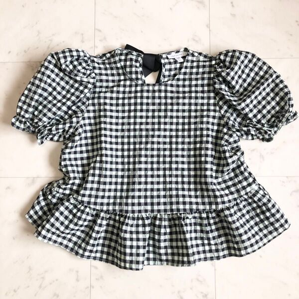 極美品 TOPSHOP バルーンスリーブ チュニック チェック柄 背面リボン M ブラウス 半袖 トップス チェック柄