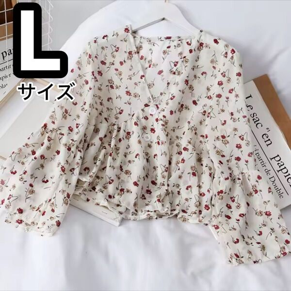 新品 ブラウス シャツ 白 ホワイト 花柄 長袖 七分袖 トップス Vネック シフォン シースルー 体型カバー 薄手 アイボリー