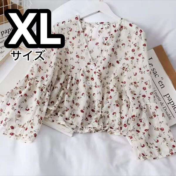 新品 花柄 ブラウス シャツ 七分袖 長袖 白 ホワイト 大きいサイズ シフォン シースルー Vネック 体型カバー アイボリー 夏