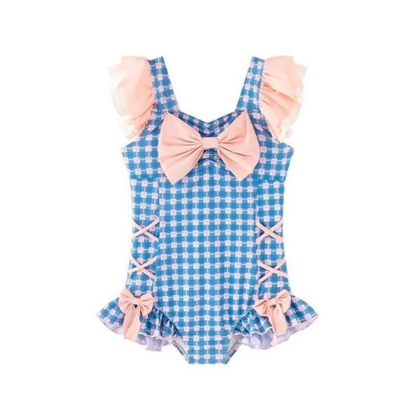 120cm新品未使用女の子ワンピース水着蝶ネクタイ blueチェック柄リボンリゾート旅行海辺プール