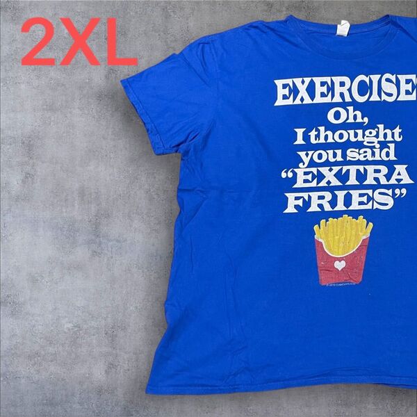 【US古着】ブルー 2XL Tシャツ 半袖 レギュラー プリント メンズ レディース 大きいサイズ オーバーサイズ