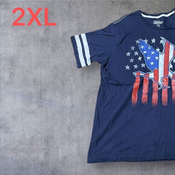【US古着】ネイビー 2XL Tシャツ 半袖 レギュラー プリント メンズ レディース 大きいサイズ オーバーサイズ