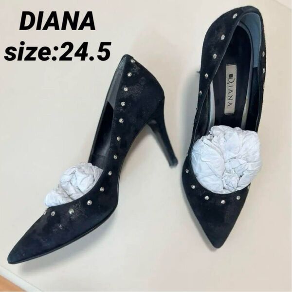【DIANA/ダイアナ】ポインテッドトゥスタッズパンプス 箔加工 24.5 黒 日本製 ブラック黒
