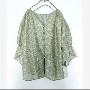 新品◆ADAM ET ROPE' 花柄ブラウス シアートップス フリル袖 七分袖 レディースシャツ スキッパー グリーン 春夏