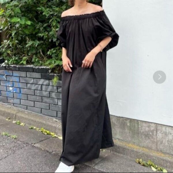 CREDONA(クレドナ) オフショルダーボリュームワンピース 大人カジュアル ロング マキシ丈 半袖 ブラック ゆったり 黒