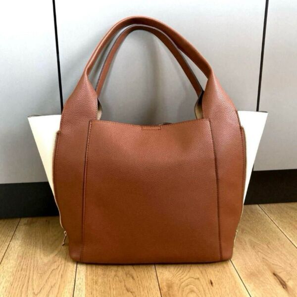 LA BAGAGERIE コンビカラー軽量トートバッグ 通勤通学 2WAY肩掛けショルダーバッグ レザー ハンドバッグ ブラウン